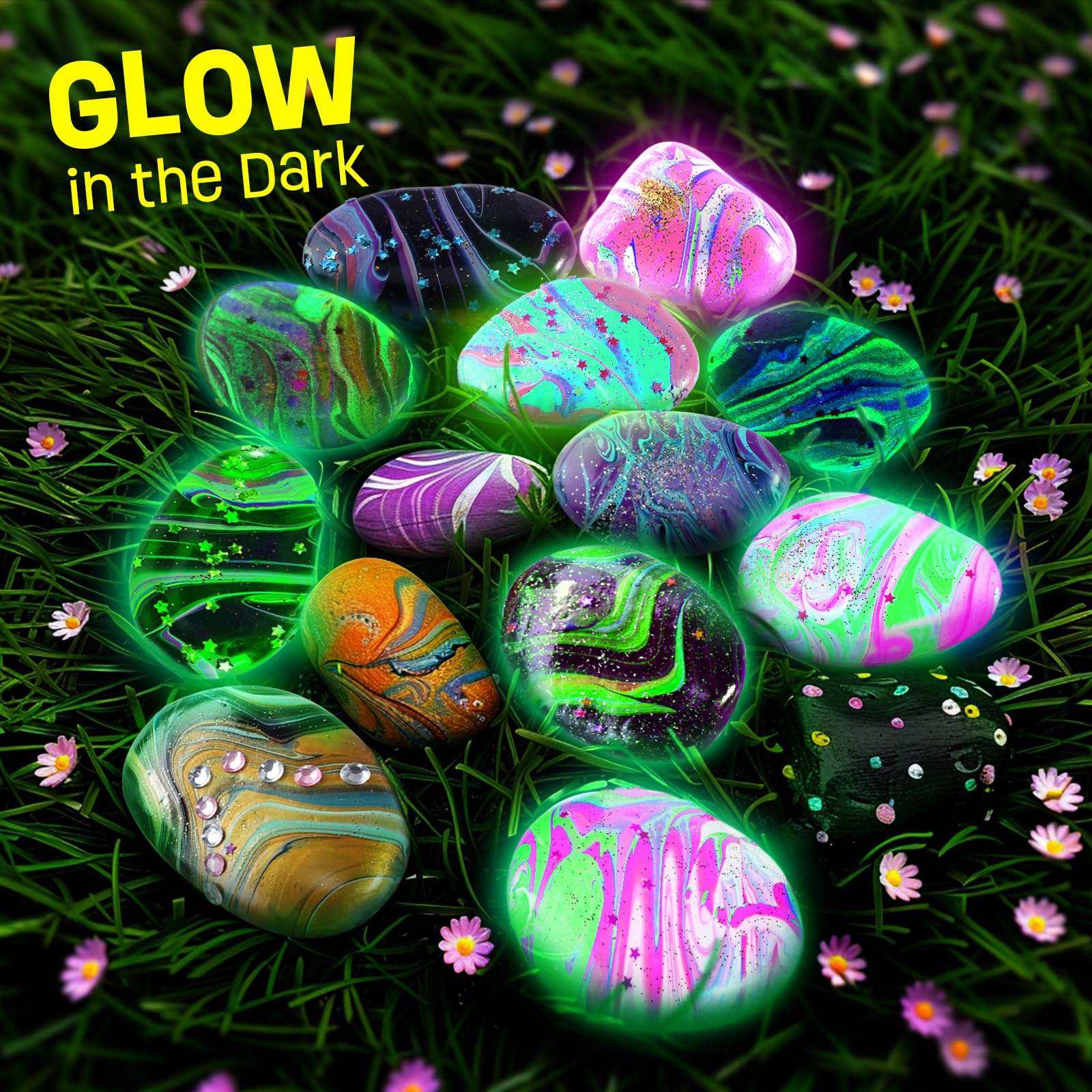2 in 1 Rock Painting Art Kit - Glow in The Dark Pouring Rock Kit - Arts and Crafts for Kids Girls & Boys Ages 6-8, 8-12, Craft Paint Kits Creative Toys, Art Supplies Birthday Gift for Kids