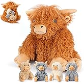 SuzziPals 5-in-1 Highland Cow Stuffed Animals with Babies Inside, 5PC Set Highland Cow Plush Mommy & 4 Babies, Soft Pillow Plushies Decor, Cute 3 to 8 Year Old Girl Gifts, Imaginative Play Toy (Cows)