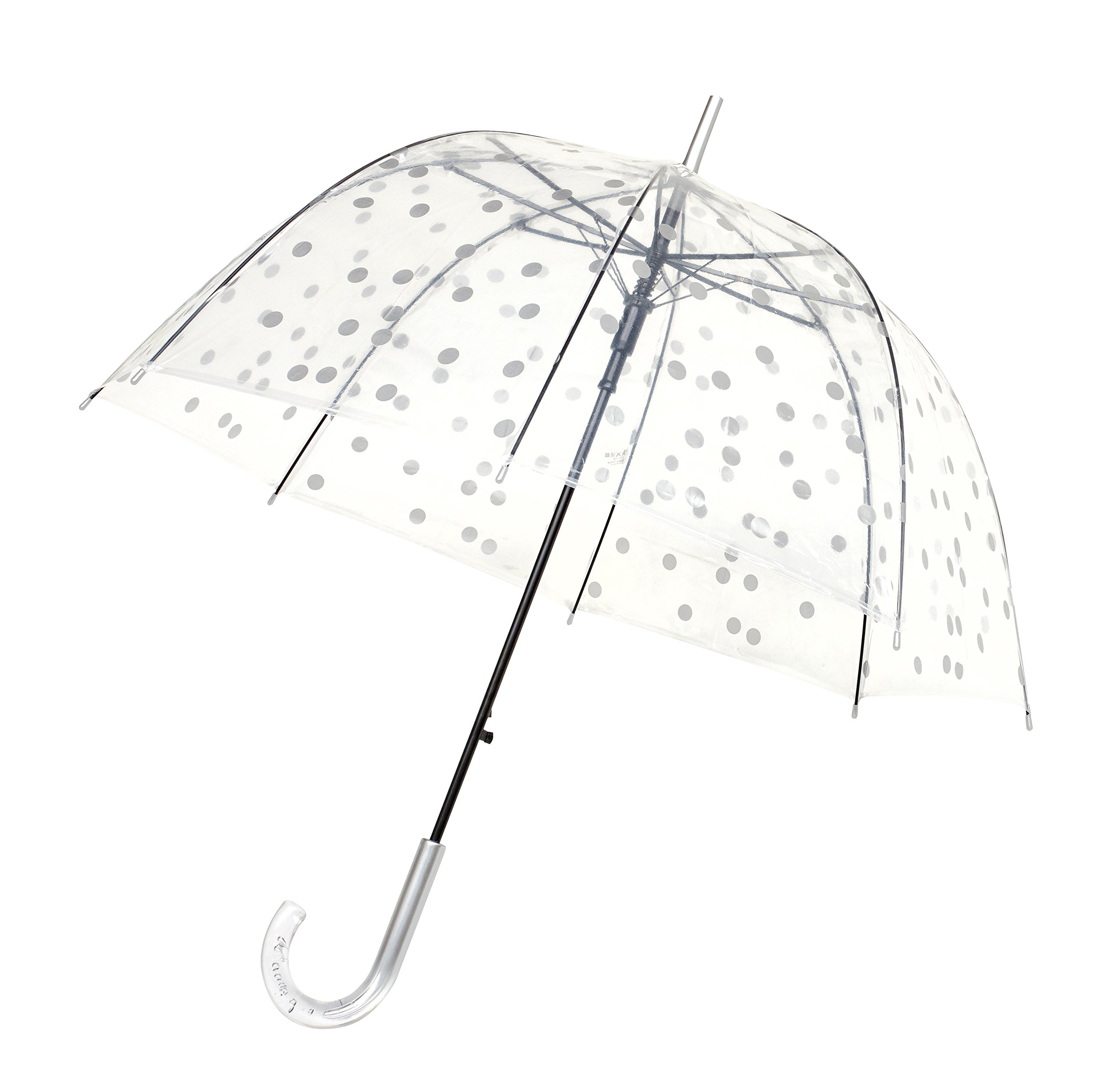 SMATI Lady’s Clear Birdcage Umbrella in Silver Color Dots, Transparent, Windproof, Auto Open, Crystal Style Handle, Dome Shape Umbrella