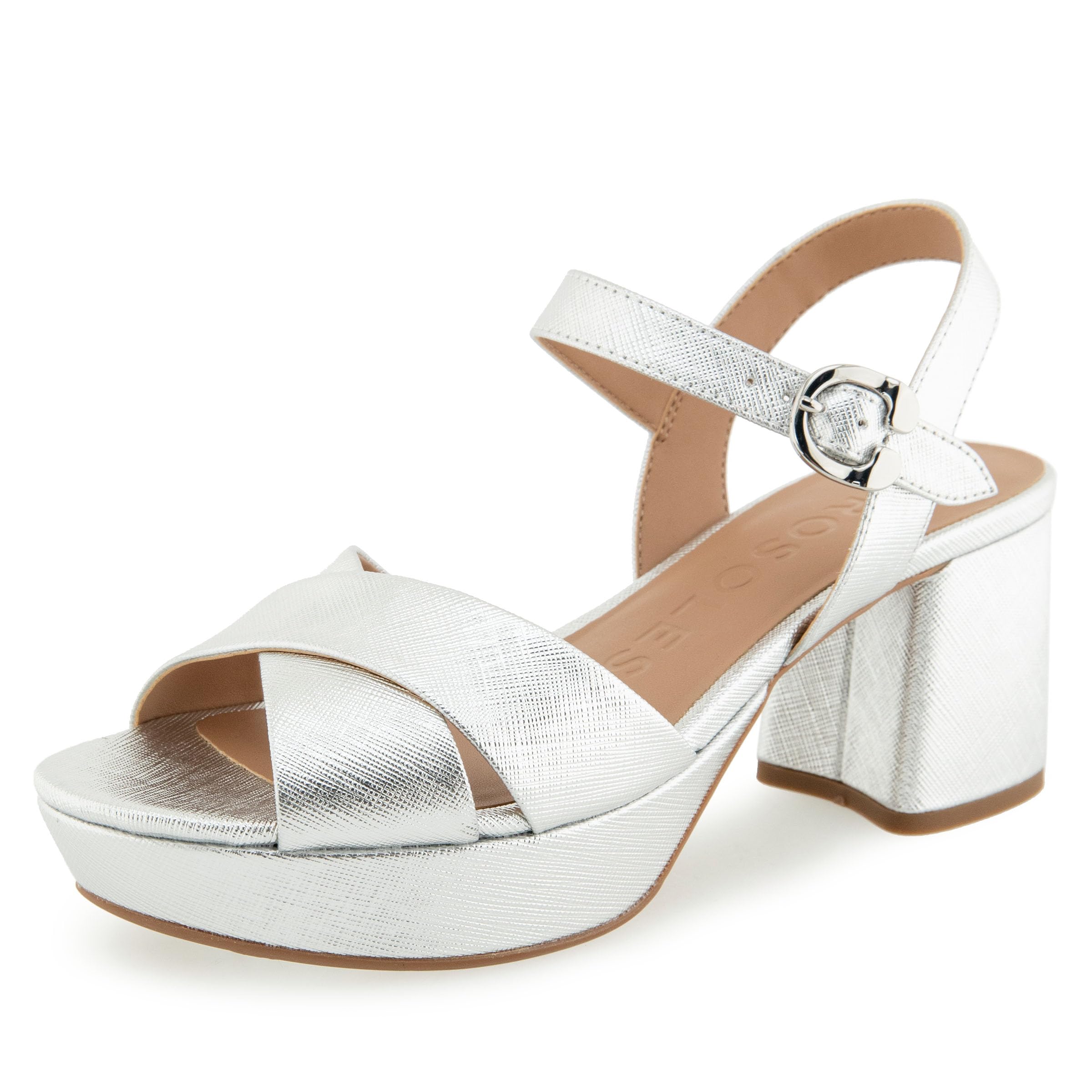 Aerosoles Women’s Cosmos Heeled Sandal, Silver Metallic Textured Faux Leather, 7.5