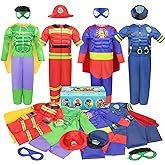 Teuevayl Boys Muscle Chest Dress up Costumes Trunk with Superhero, Policeman, Fireman Costume, Kids Pretend Role Play Costumes Set, Boys Dress up Clothes for Kids Ages 3 4 5 6 7