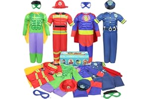 Teuevayl Boys Muscle Chest Dress up Costumes Trunk with Superhero, Policeman, Fireman Costume, Kids Pretend Role Play Costumes Set, Boys Dress up Clothes for Kids Ages 3 4 5 6 7