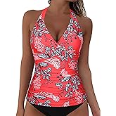 Mycoco Women's Underwire Tankini Top Tummy Control Bathing Suit Tops Halter Push Up Criss Cross Swim Top Only