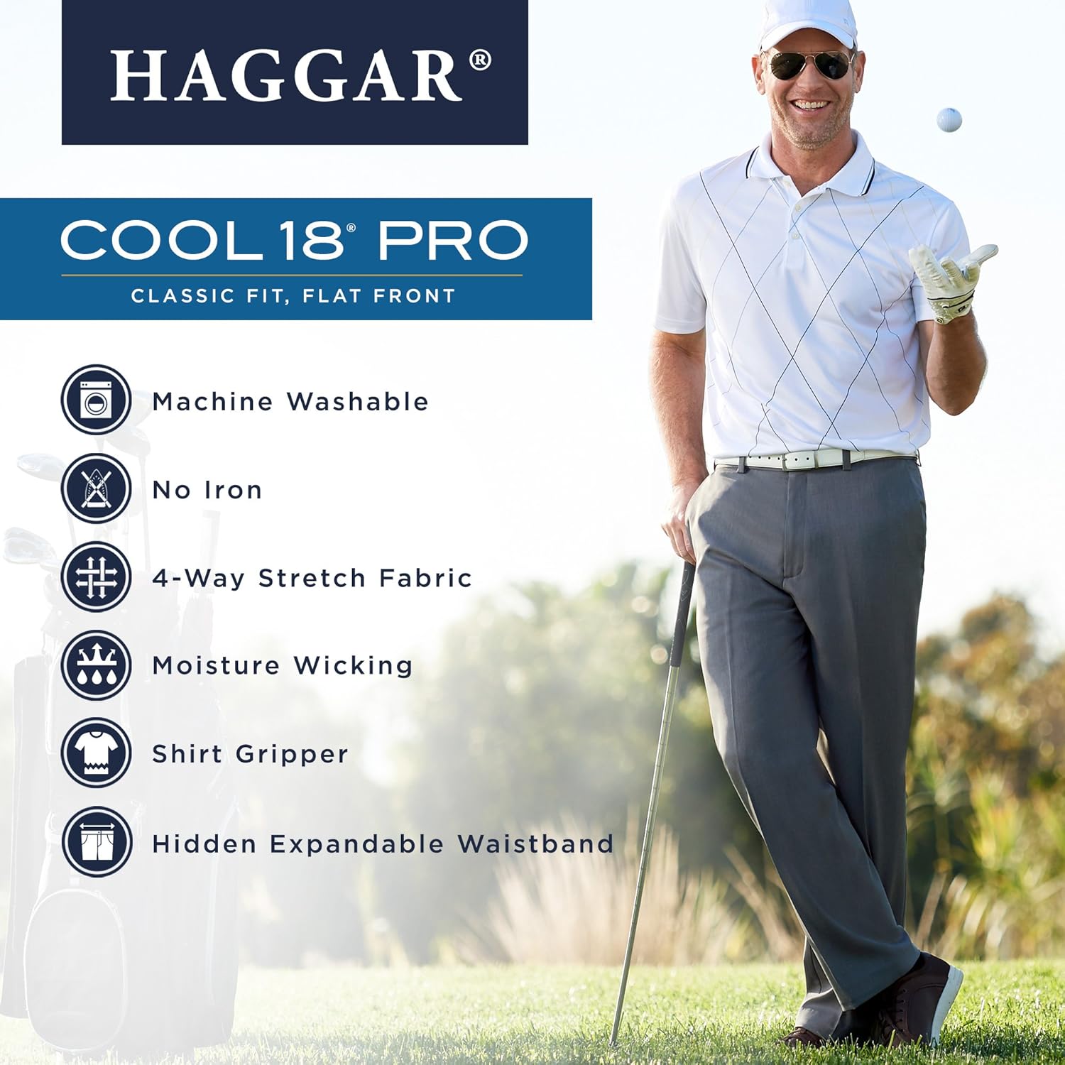 Haggar Men's Cool 18 Pro Classic Fit Flat Front Expandable Waist Pant at  Men’s Clothing store