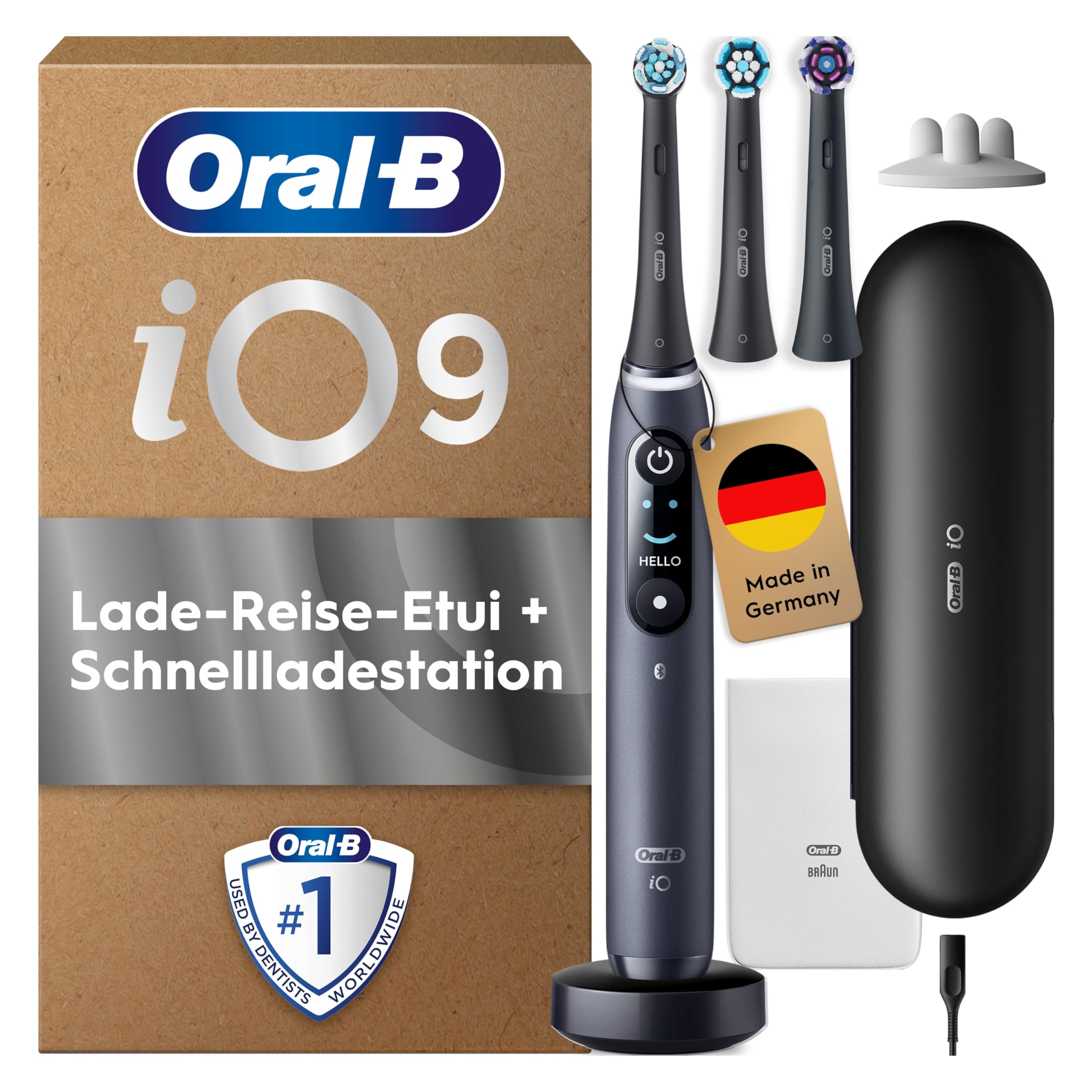 Oral-B iO 9 Cepillo De Dientes Eléctrico Negro, 3 Cabezales, 1 Estuche Cargador De Viaje, 7 Modos De Cepillado Con Blanqueamiento Dental, Sensor De Presión, Diseñado Por Braun