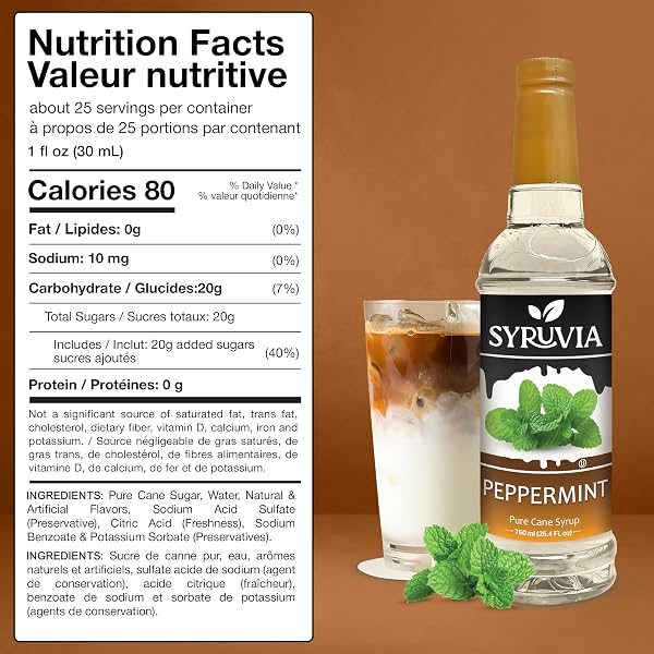 SYRUVIA COFFEE SYRUP, PEPPERMINT FLAVORED SYRUP FOR DRINKS, LATTES, AND DESSERTS – 25.4 FL OZ – WITH PUMP