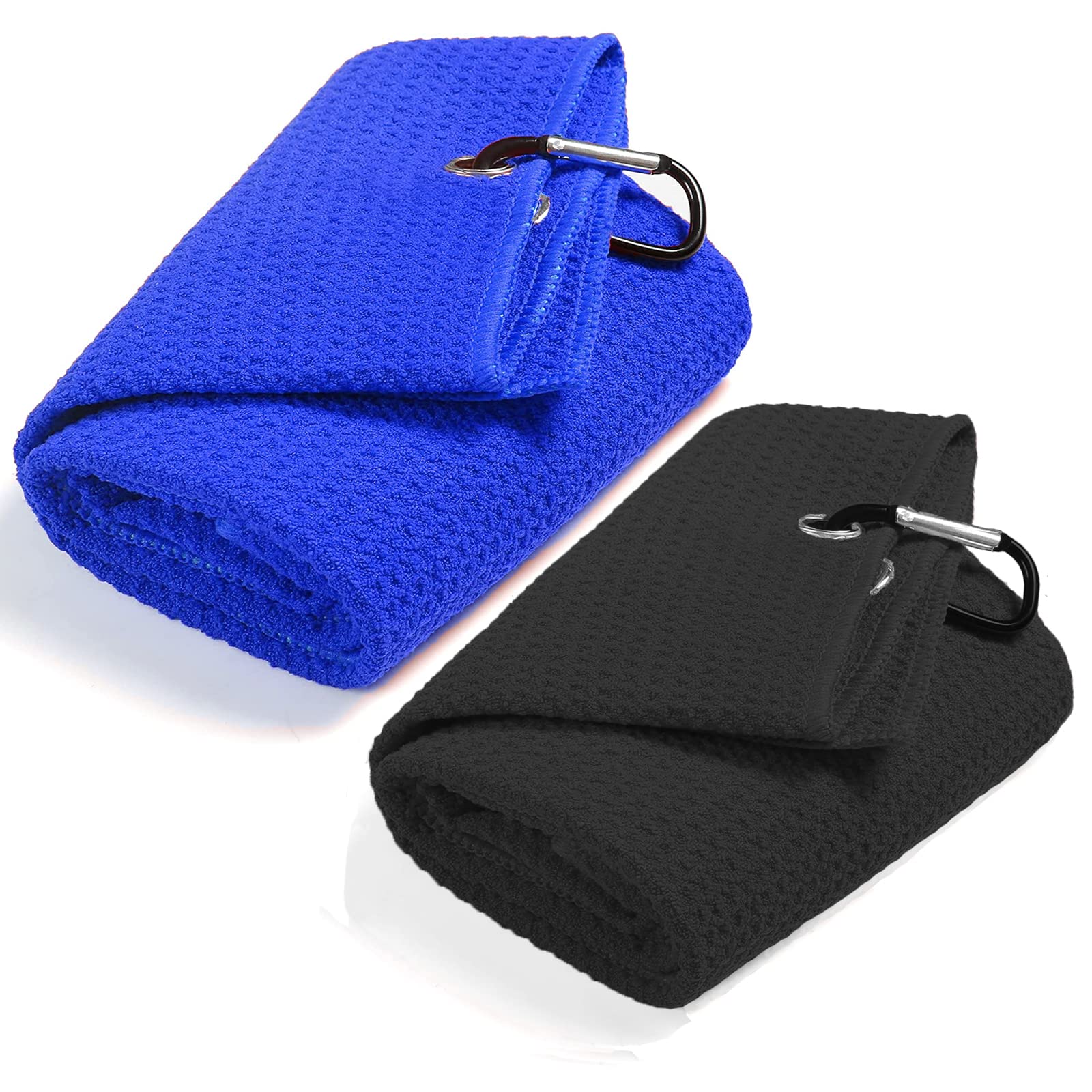 QeeHeng 2PCS Golf Towel, Funny Golf Towel With Clip For Golf Bags For Men, Tri-Fold Microfiber Waffle Pattern Golf Towels Set(Black+Blue)