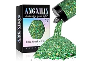 ANGXILIN Holographic Chunky Glitter, 190g/6.7oz Chunky and Fine Mixed Craft Glitter, Bulk Laser Sequin Glitter for Face Body Nail Art,Epoxy Resin Tumbler Jewelry Making Glitter (Laser Green)