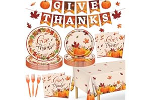 REDWORD Thanksgiving Plates, 98PCs Give Thanks Plates Serves 24 with Napkins Tablecloth and Give Thanks Banner Forks for Fall Autumn Thanksgiving Party Decorations