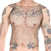 GENEMEN Rhinestone Mesh Top Men Fishnet Tank Top Sexy Cropped Shirt Rave Sheer Vest