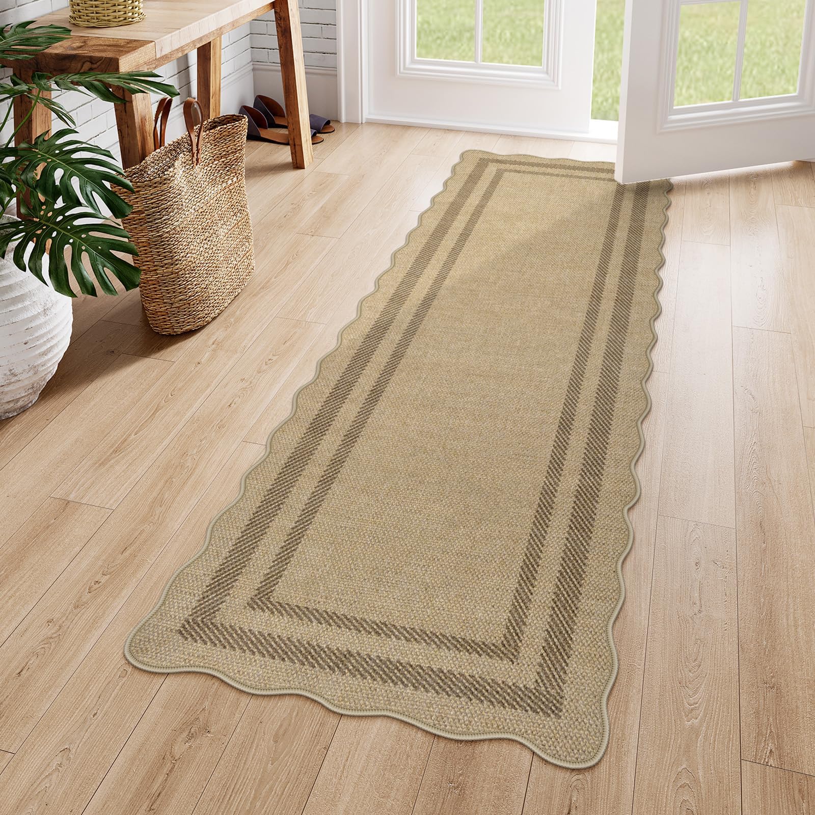Photo 1 of LIVEBOX Scalloped Washable 2x6 Kitchen Runner Rug, Easy Jute Geometri Tan Rugs for Entryway, Indoor Outdoor Non Slip Rug Farmhouse Morden Carpet Door Mat Area Rug for Bedroom Laundry Room Hallway