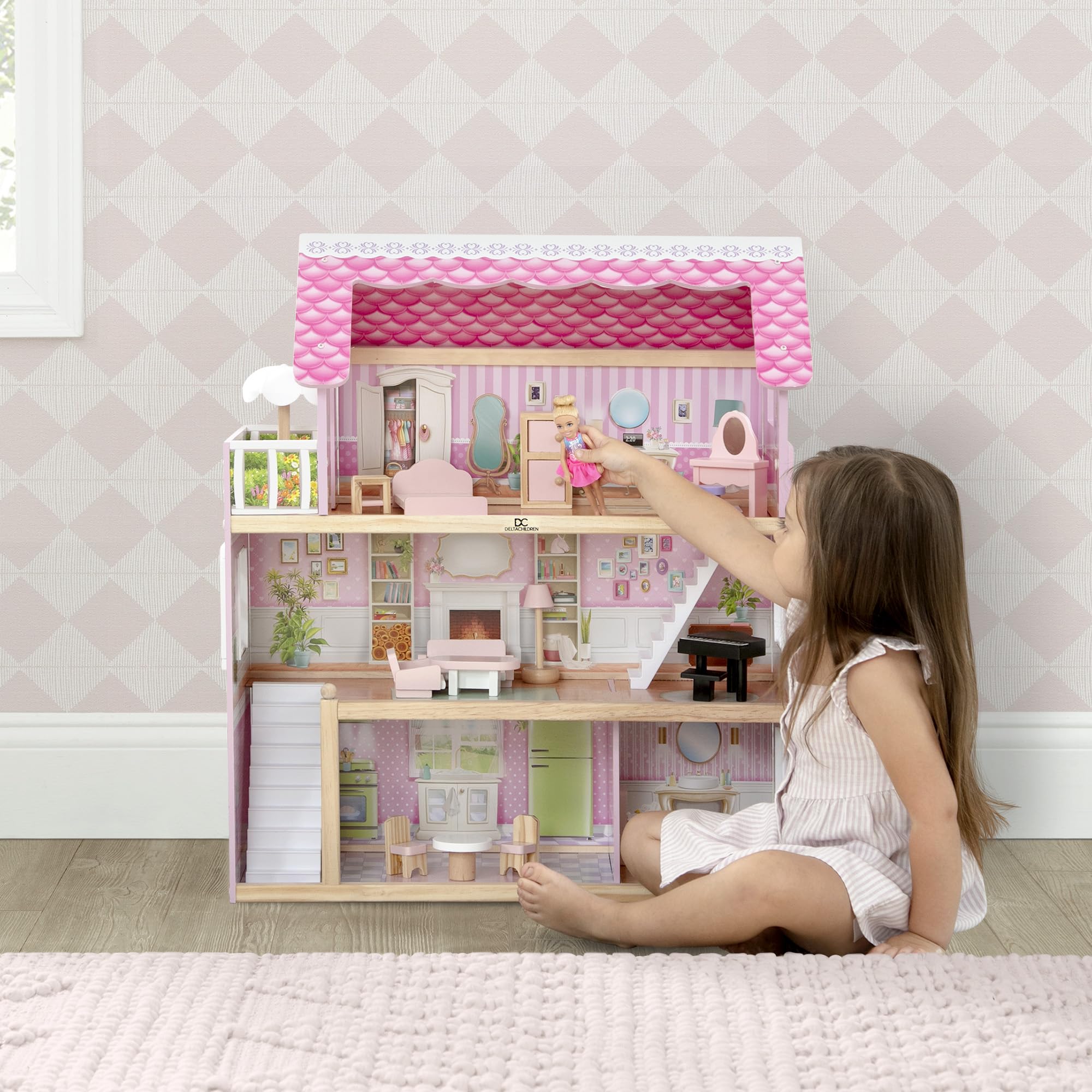 Delta Children Little Gem Dollhouse - 3-Story Dollhouse with 4 Rooms - Includes 16 Accessories - Fits 5-inch Dolls - Pretend Play Dream Gift for Ages 3+