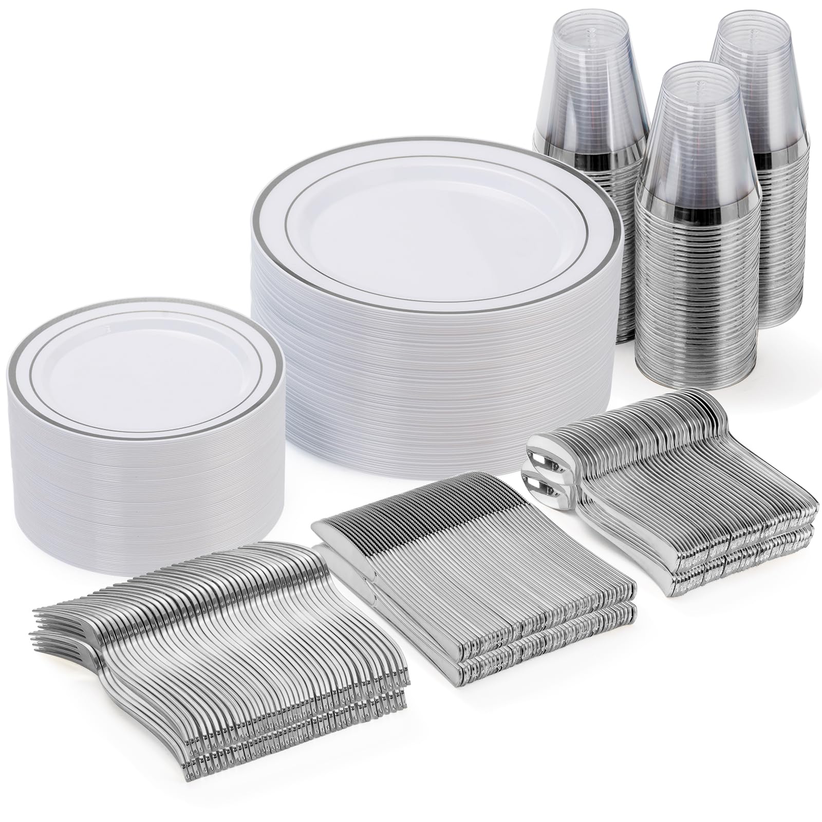 Photo 1 of Goodluck 300-Piece Disposable Dinnerware Set for 50 Guests - Silver Plastic Plates, Salad Plates, Cutlery & Cups for Parties & Weddings