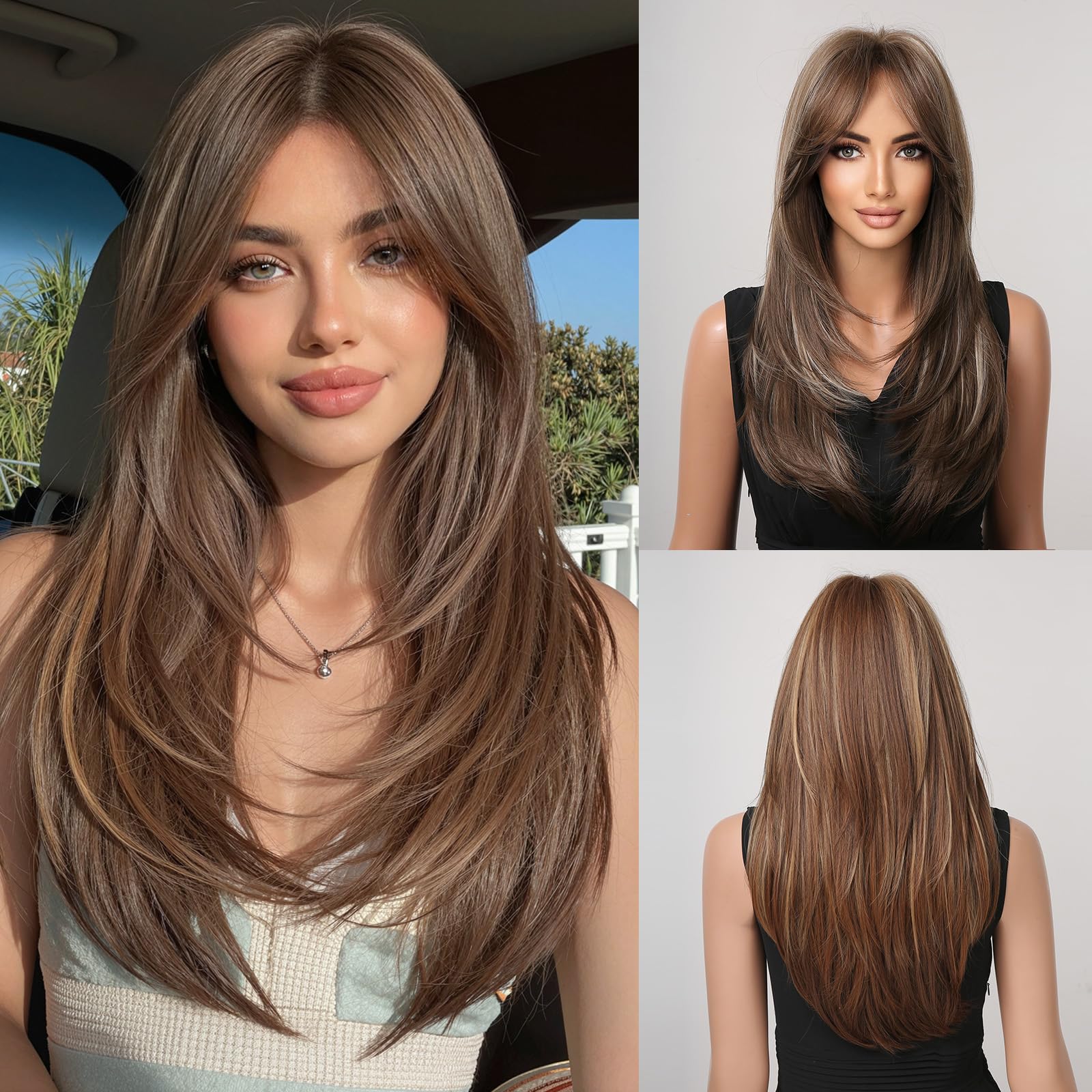 Esmee Long Straight Brown Wigs for Women with Highlight Natuaral Layered Synthetic Hair Wig with Fringe for Daily Party Cosplay Use-20 Inches — image 1