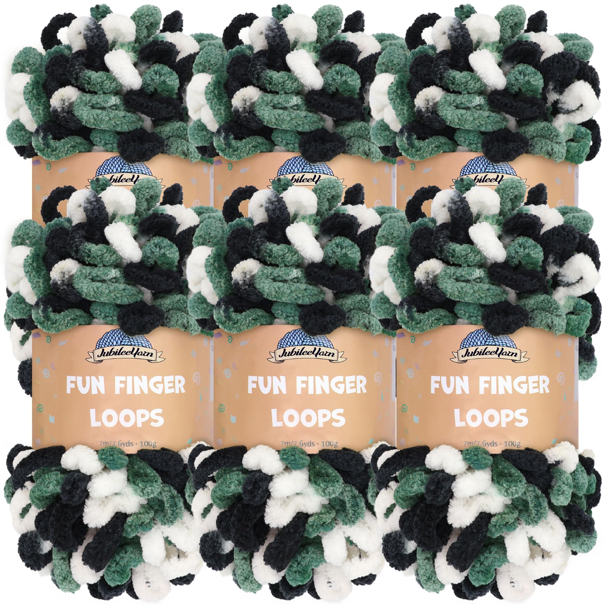 JubileeYarn Fun Finger Loops Yarn - Polyester Jumbo Weight Loop Yarn - 100g/Skein - White Black Green - 6 Skeins — image 1
