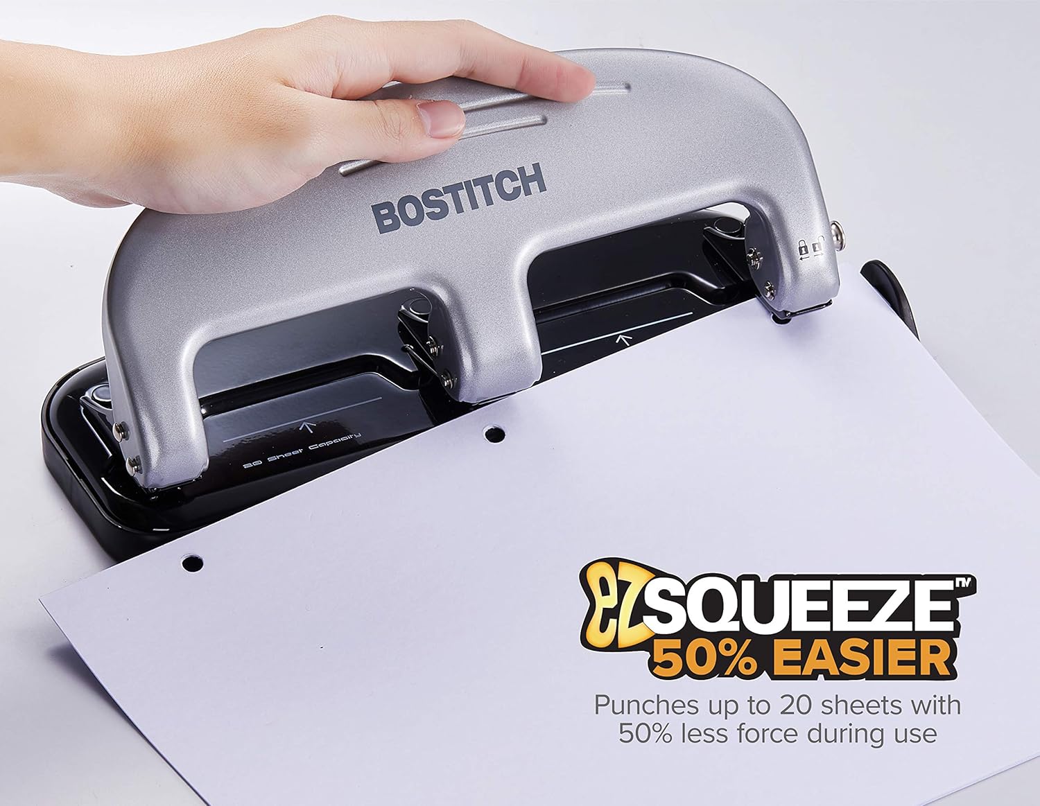 Bostitch inPRESS 20 Reduced Effort Three-Hole Punch, Silver, Black (2220) : Multi Hole Paper Punches : Office Products