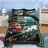 Nesker 5 Pcs Car Comforter Set Twin Size, Colorful Race Car Boys Bedding Green Bed in a Bag for Kids and Adults, Retro Red Truck Bed Sheet Sets with Fitted Sheet Pillowcases & Shams