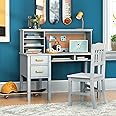 Guidecraft Kids Taiga Desk and Chair Set with Hutch - Gray: Wooden Study Desk with Storage Shelves, Corkboard, and Drawers | Kids Bedroom Furniture Set, Activity Table for Kids