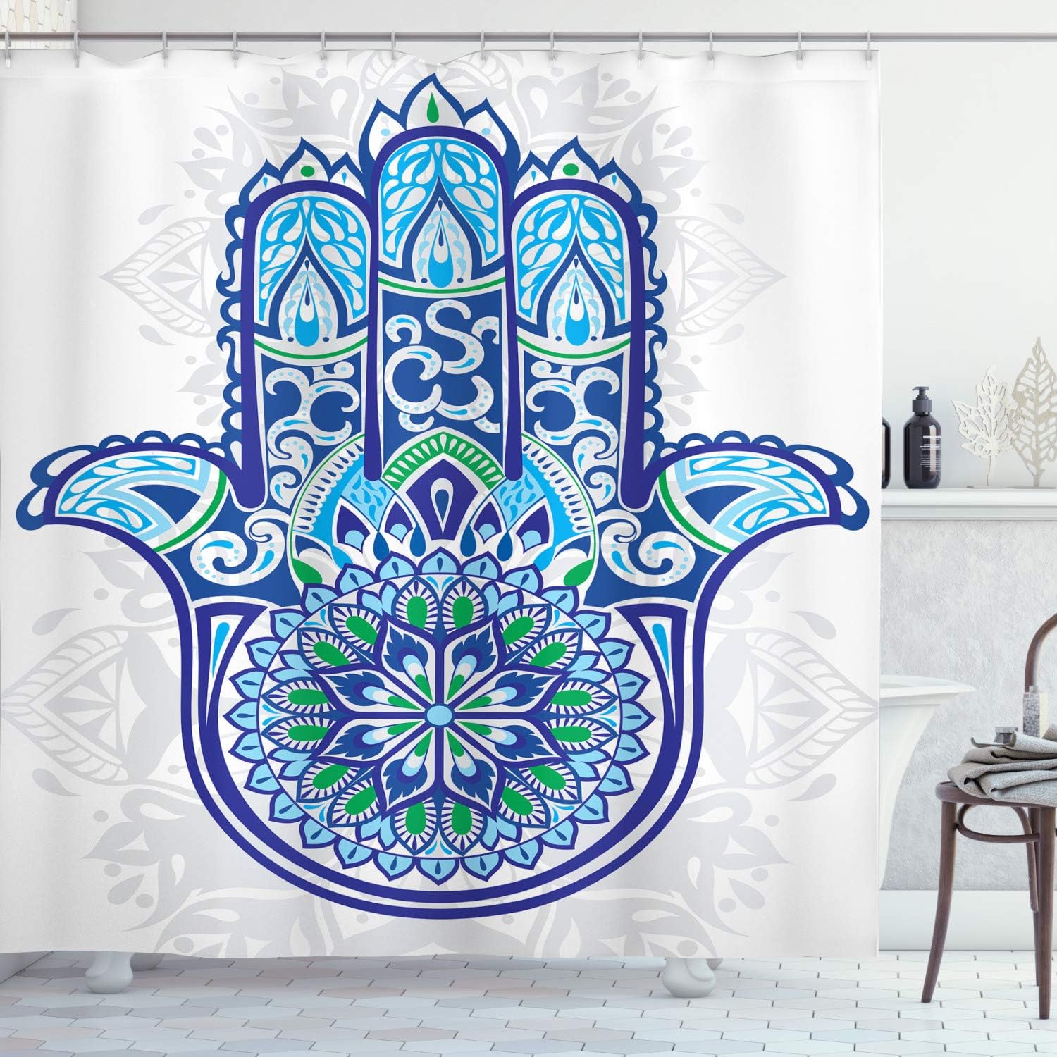 Ambesonne Hamsa Shower Curtain, Large Hamsa Hand with Ornamental Flower and Petal Folkloric, Cloth Fabric Bathroom Decor Set with Hooks, 75