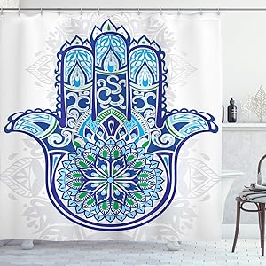 Ambesonne Hamsa Shower Curtain, Large Hamsa Hand with Ornamental Flower and Petal Folkloric, Cloth Fabric Bathroom Decor Set with Hooks, 75