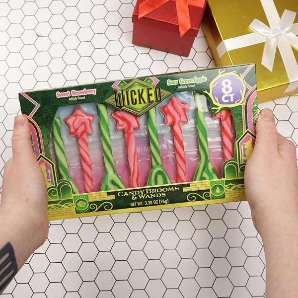 WICKED CANDY CANE BROOMS AND WANDS, SWEET AND SOUR FLAVORED STIRRING STICKS, CHRISTMAS STOCKING STUFFER TREATS, 8 COUNT, 3.38 OUNCES (PACK OF 2)