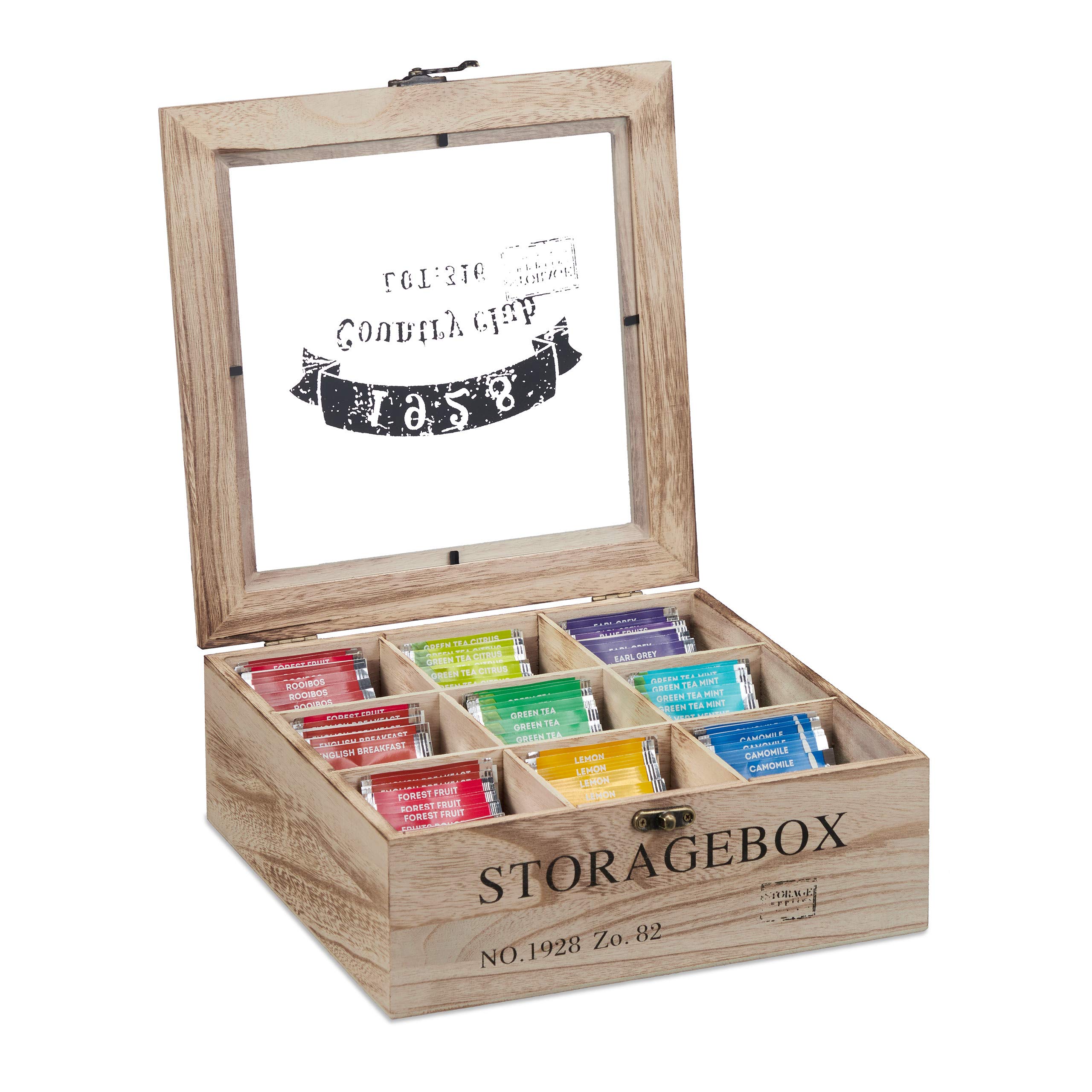 Relaxdays Tea Box, 9 Compartments, Organiser Chest, H x W x D: 9 x 24 x 25 cm, Wood, Natural