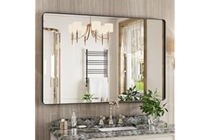 JISOSO Black Bathroom Mirror Wall Mounted Vanity Mirror with Rounded Corner Metal Framed, Tempered Glass, Anti-Rust(Horizontal/Vertical), 48 x 32 Inch