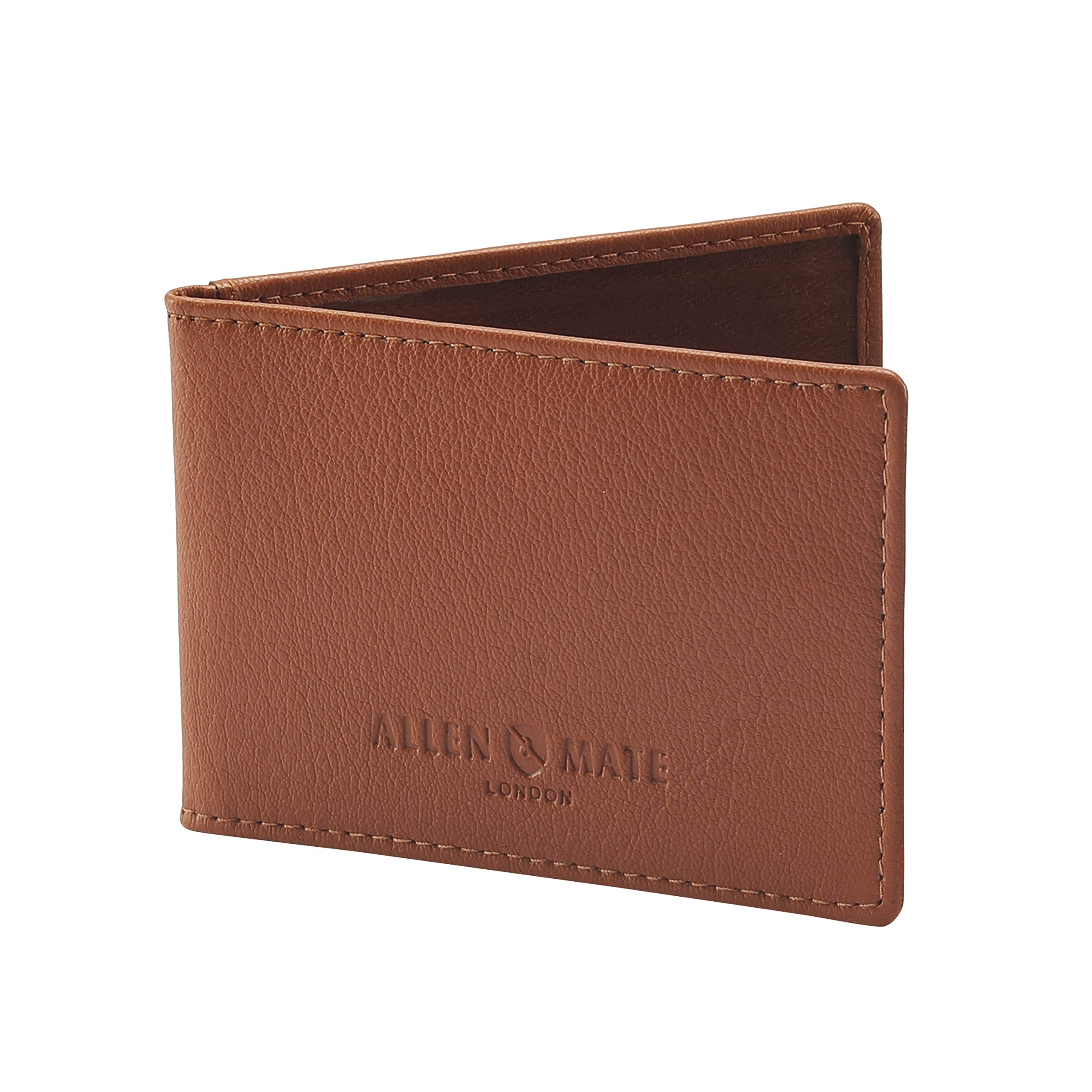 ALLEN & MATE 100% Leather Travel Card Holder - Slim Minimalist Wallet for Travel Bus Pass ID License Oyster Card for Men & Women (Tan Premium)