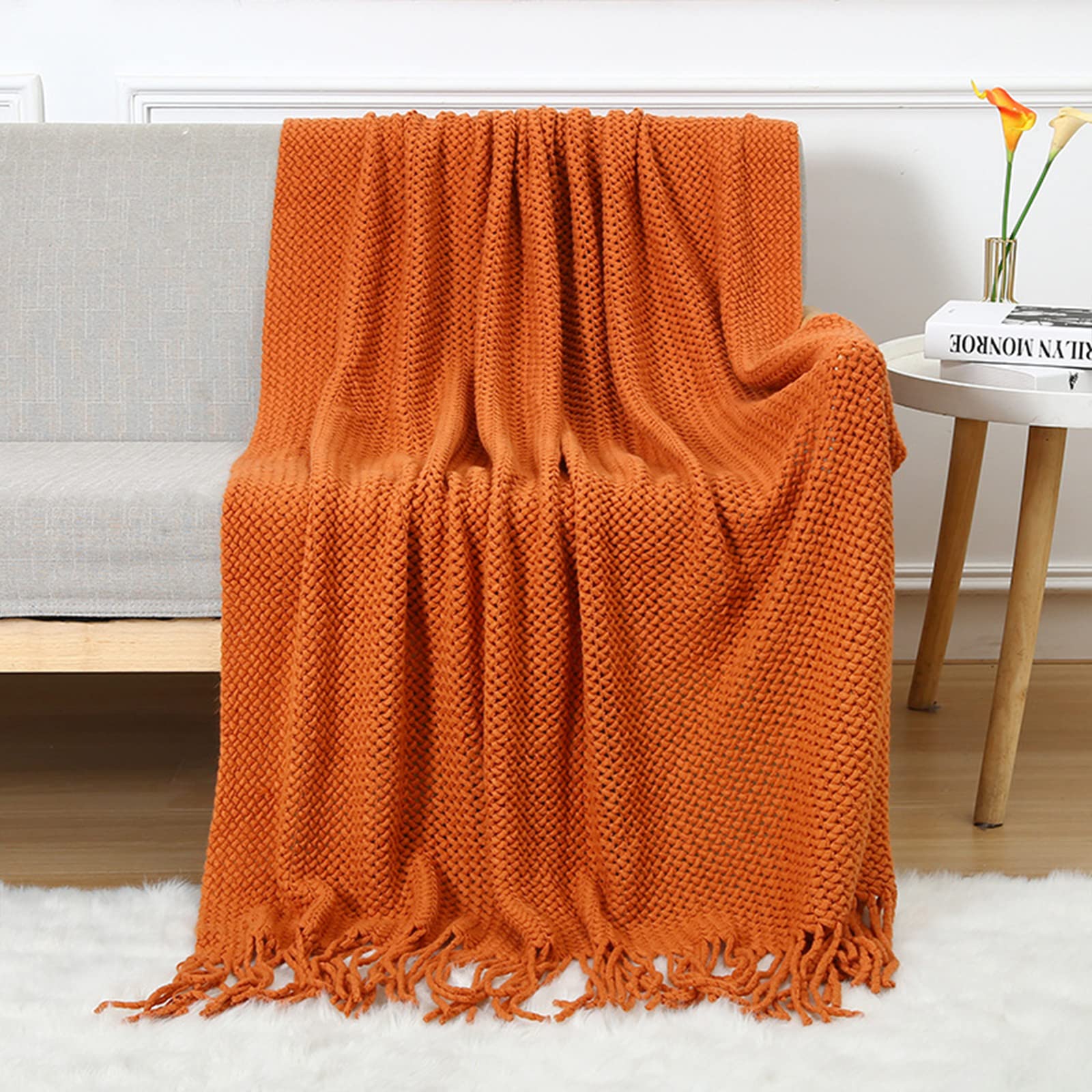 LumiSyne Knitted Throw Blanket With Tassel Breathable Cellular Blanket Nordic Style Soft Cozy Couch Cover Decorative Blanket For Sofa Bed Settee Armchair