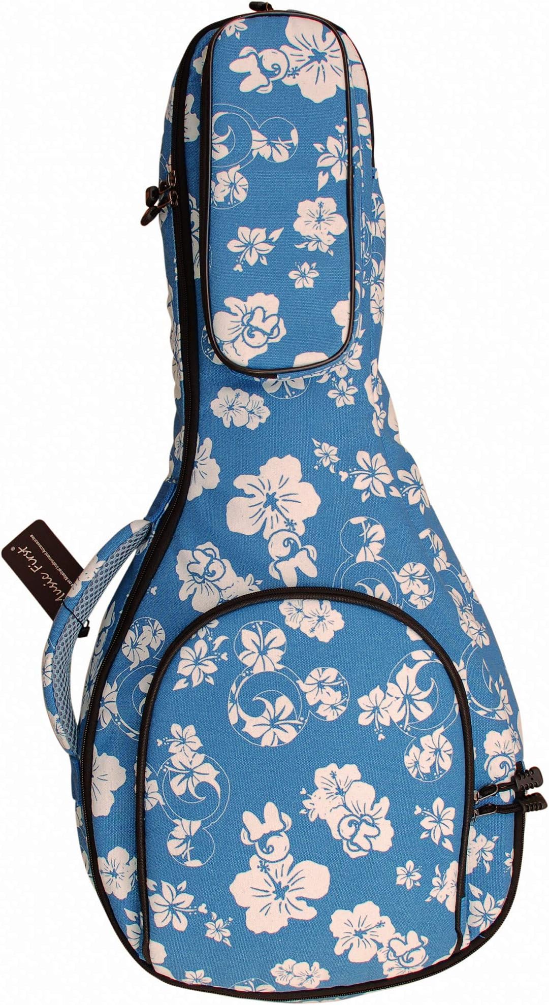 MUSIC FIRST Original Design 15mm Thick Padded Hawaii Style “Blue and White Plumeria” Canvas A & F Style (Standard) Mandolin Gig Bag Soft Mandolin Case Fits for Most of A Mandolin, Salute ELVIS