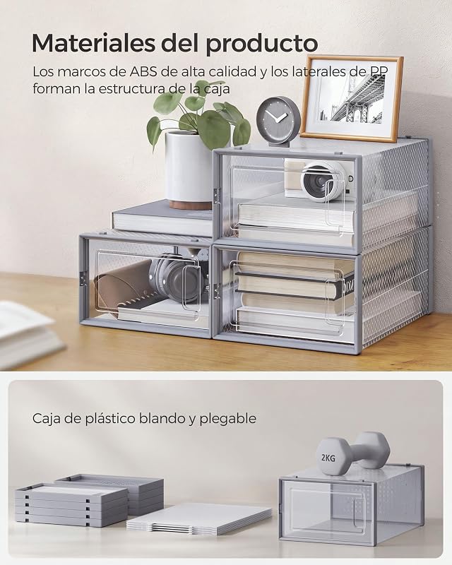 Cajas de Zapatos Plástico, Juego de 18 Organizadores de Almacenamiento, Caja Zapatero Plástico Plegable y Apilable para Zapatillas hasta talla 44, Transparente y Gris LSP006G18