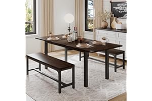 iPormis 3 Pcs 63" Dining Table for 4-6, Extendable Dining Room Table with 2 Benches, Mid Century-Modern Kitchen Table Set for Small Space, Easy Clean, Espresso