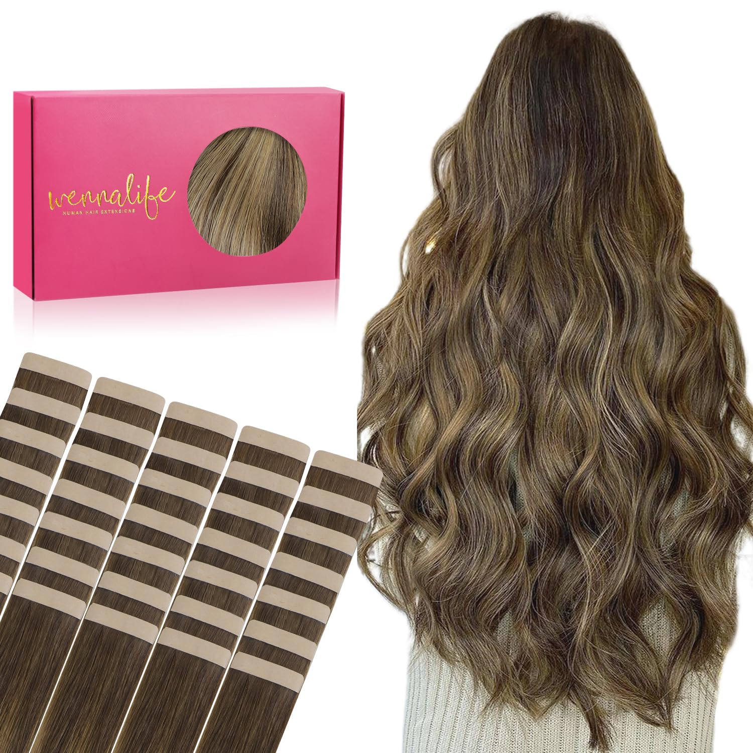 WENNALIFE Tape in Hair Extensions Human Hair, 12inch 40pcs 80 Balayage Chocolate Brown to Caramel Blonde Real Human Hair Tape Extensions — image 1