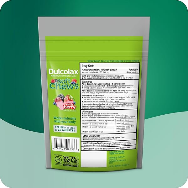 DULCOLAX SALINE LAXATIVE SOFT CHEWS, FAST-ACTING LAXATIVE, GENTLE CONSTIPATION RELIEF, MIXED BERRY FLAVOR, MAGNESIUM HYDROXIDE 1200 MG, 30 COUNT, OCCASIONAL CONSTIPATION.