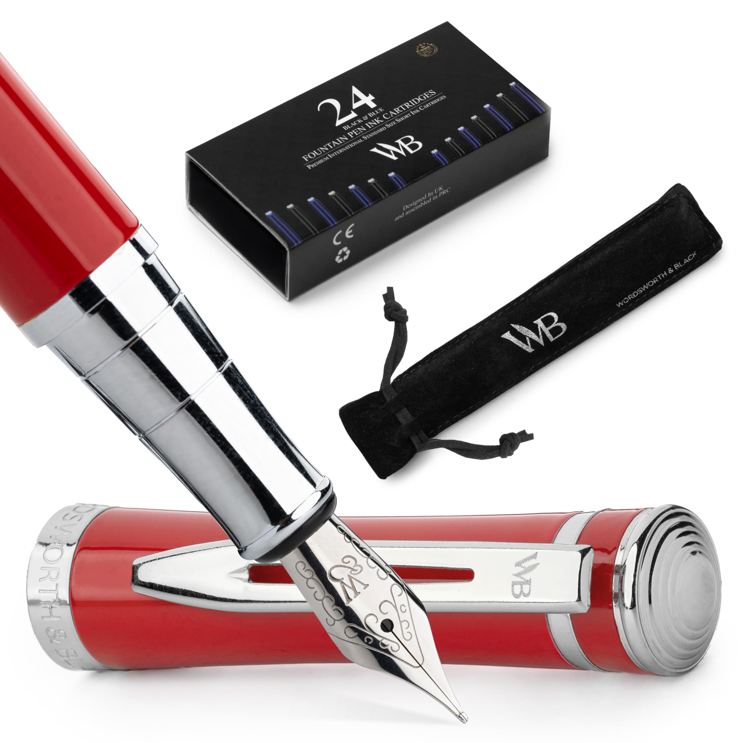 Wordsworth & Black Fountain Pen Set, Medium Nib, Includes 24 Pack Ink Cartridges, Ink Refill Converter & Gift Pouch, Chrome Finish, Calligraphy, [Crimson Red], Perfect for Men & Women — image 1