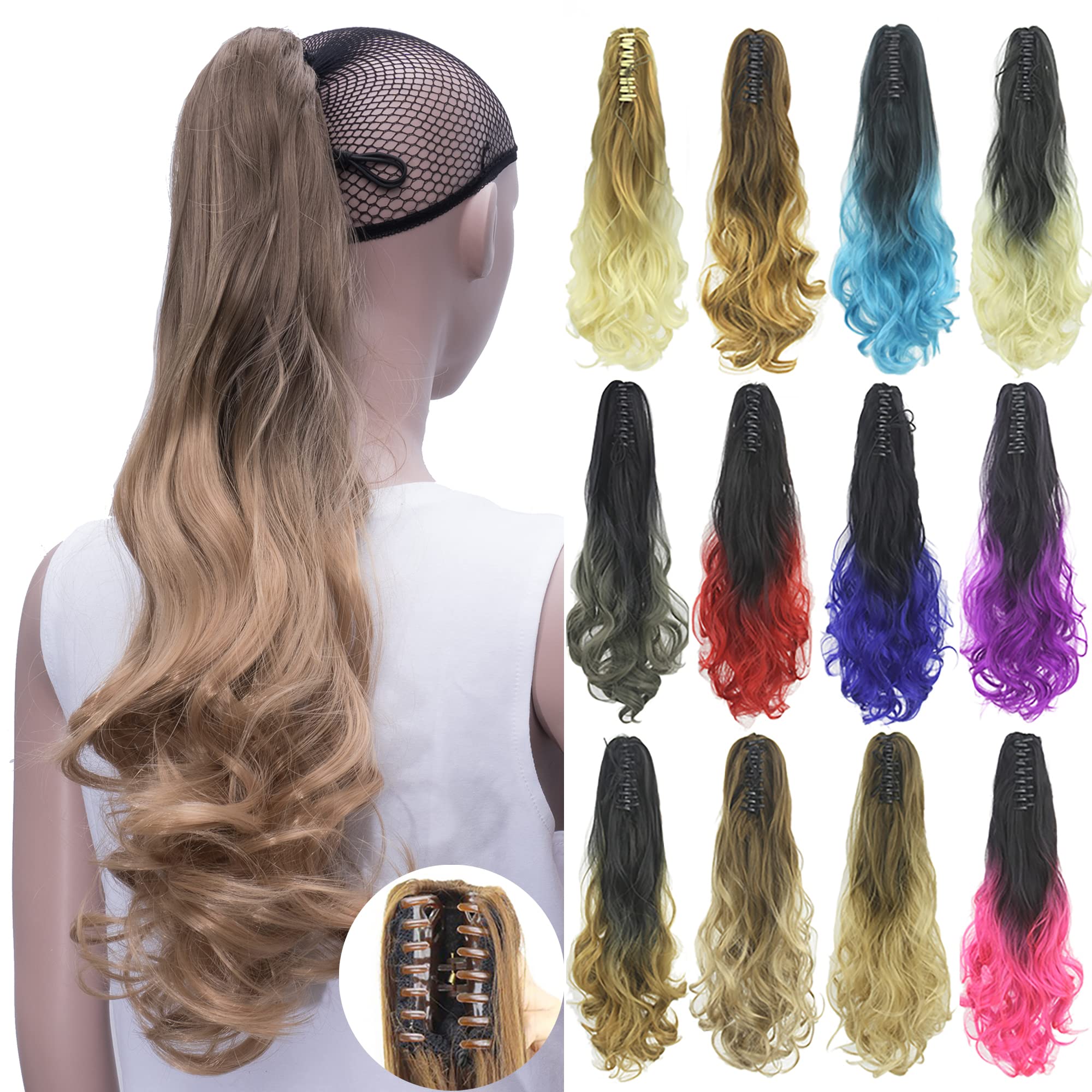 IMISSU Curly Ombre Color Claw Ponytail Hair Extensions Pony Tail Clip in Hairpiece (Ombre Light Copper)