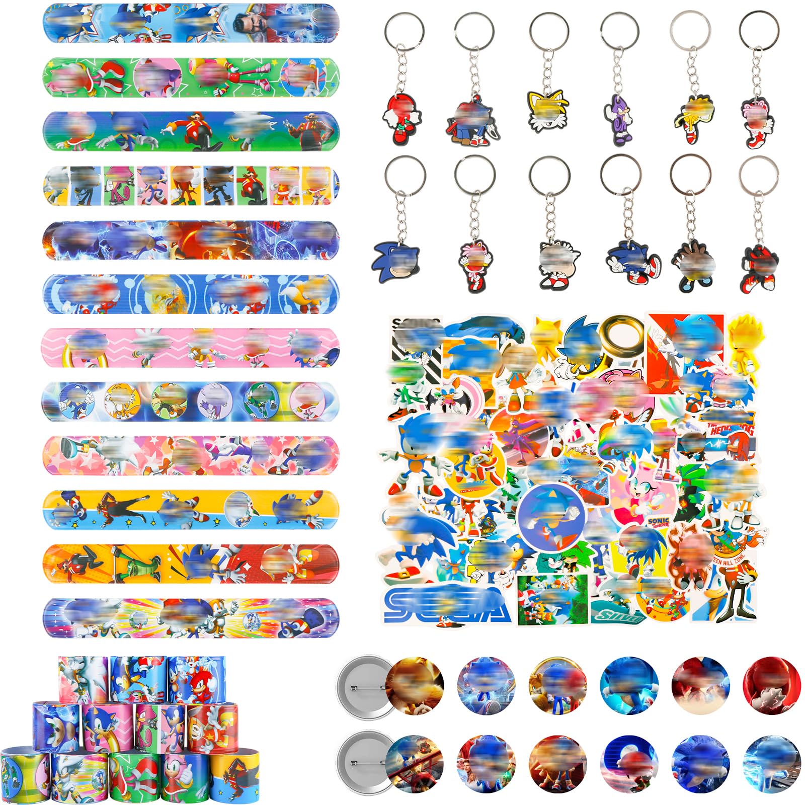 Ainvliya 86pcs Son-i Party Bag Fillers, 50pcs Stickers, 12pcs Slap Bands, 12 Keychain 12 Badge Supplies for Kids Boys Girls