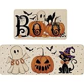 Baccessor Halloween Kitchen Rugs Set of 2, 17x29 and 17x47 Inch | Ghost Cat Boo Kitchen Mats for Floor,Rubber Backing,Low Profile and Washable Care,Non Slip