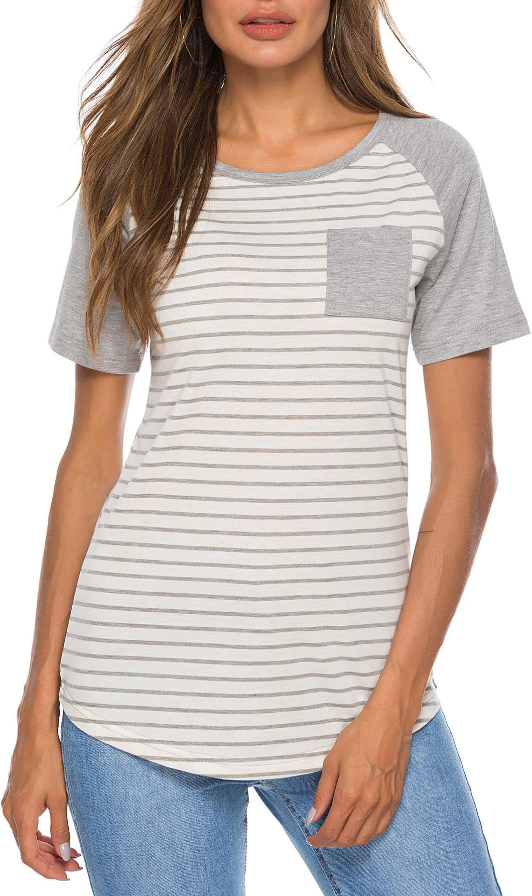 WOAIVOOU Women Striped Shirts Raglan Short Sleeve Baseball T Shirts Casual Loose Blouse Tops