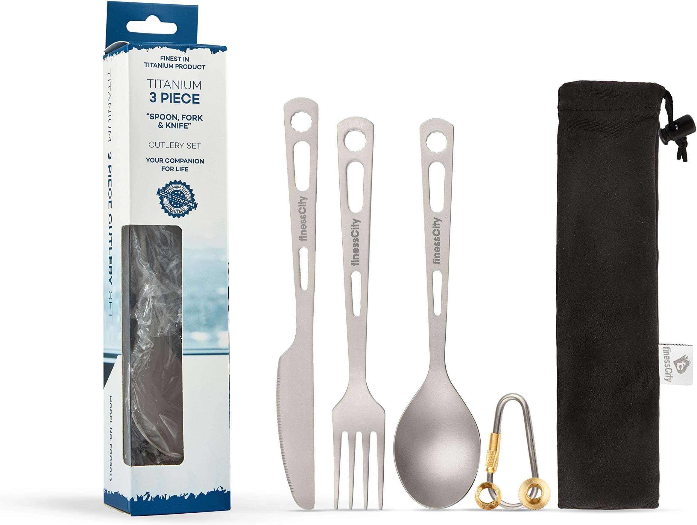 finessCity Titanium Utility Cutlery Set Extra Strong Ultra Lightweight (Ti), 3/4/5 Piece Straw Chopsticks Knife Fork Spoon Set for Home Use/Travel/Camping Cutlery Set in Case