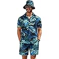 COOFANDY Men's Hawaiian Shirt and Short Set Flower 2-pieces Beach Outfit with Bucket Hats
