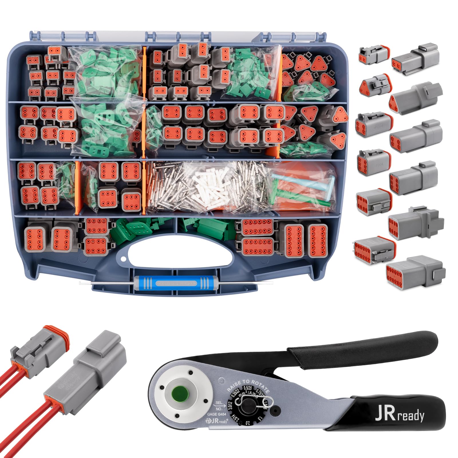 JRready DT Stecker Kit 604 PCS mit Crimpzange ACT-M202 (12-22AWG) Deutsch Stecker 2,3,4,6,8,12 polig IP68 Waterproof Größe 16 Terminal Kit 16-20 AWG Deutsch Removal Tool Repair Accessory