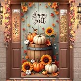 Happy Fall Door Cover, Welcome Autumn Photo Backdrop Happy Fall Door Banner Maple Leaves and Pumpkin for Farmhouse Autumn Thanksgiving Harvest Festival Decorations and Supplies