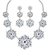 ZITULRY Crystal Snowflake Necklace Earrings Set Sliver Blue Sparkly Rhinestone Winter Party Flower Charms Necklace Triple Snowflake Dangle Earrings Christmas Holiday Wedding Jewelry Set Gift