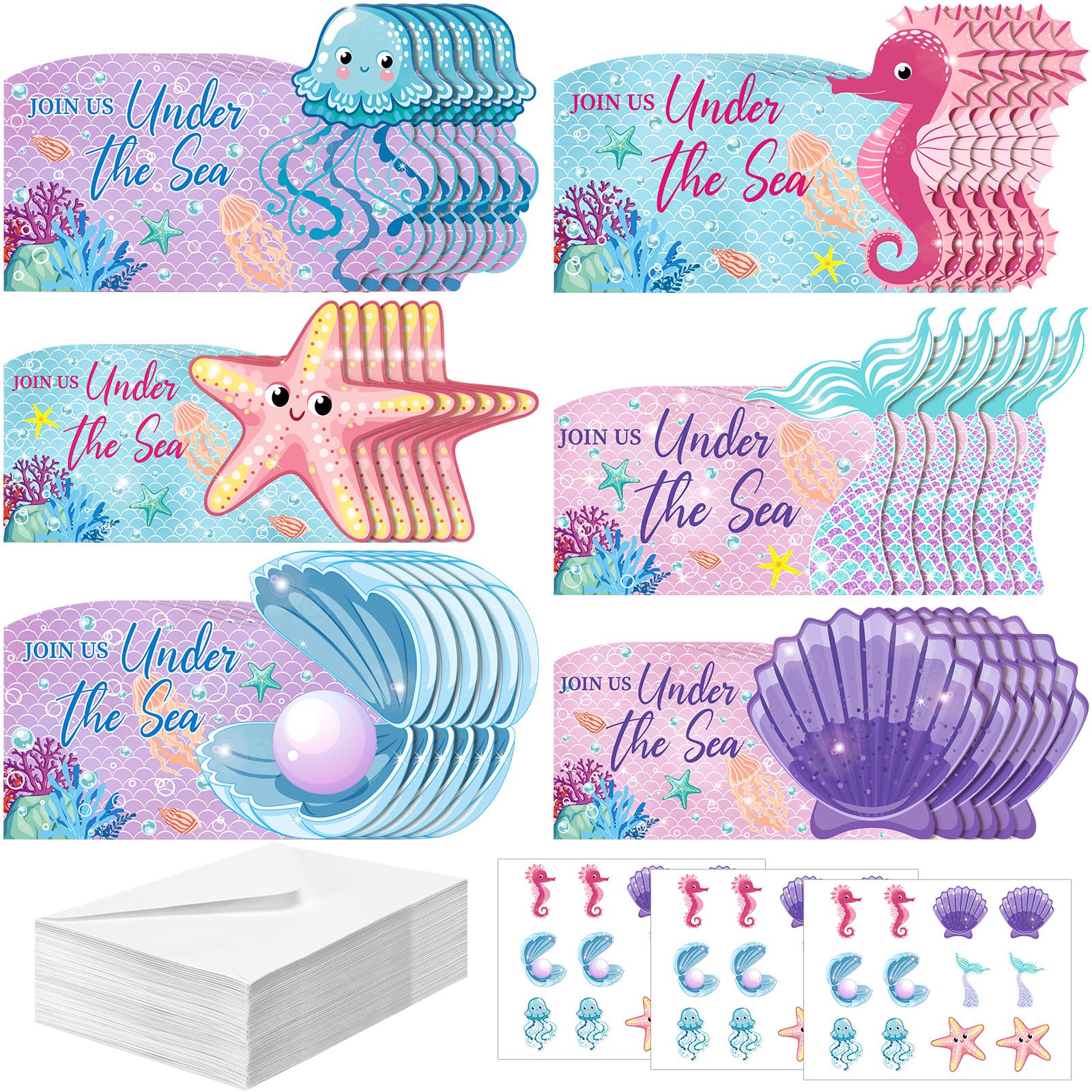 Photo 1 of Janlaugh 36 Sets Mermaid Birthday Invitations Girl with Envelopes and Stickers Pool Party Invitations Mermaid Party Supplies Under The Sea Decorations for Ocean Baby Shower