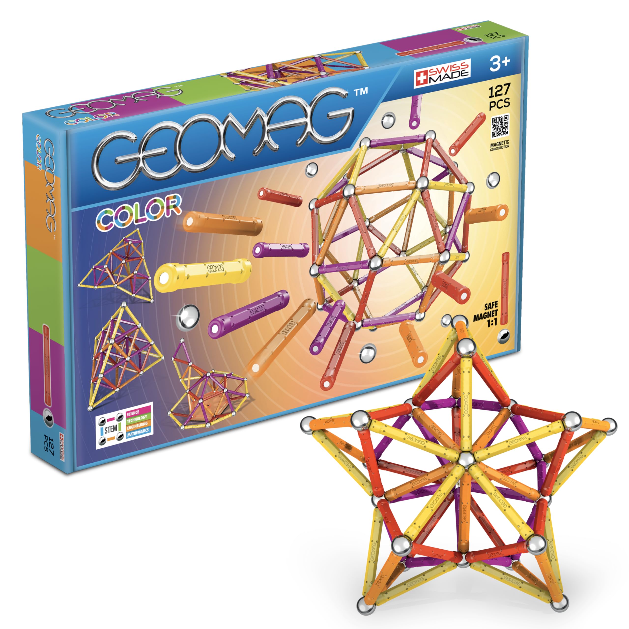 Geomag 264 Color Classic Building Set, Transparent Yellows, Oranges, Reds and Violets, 127 Pieces