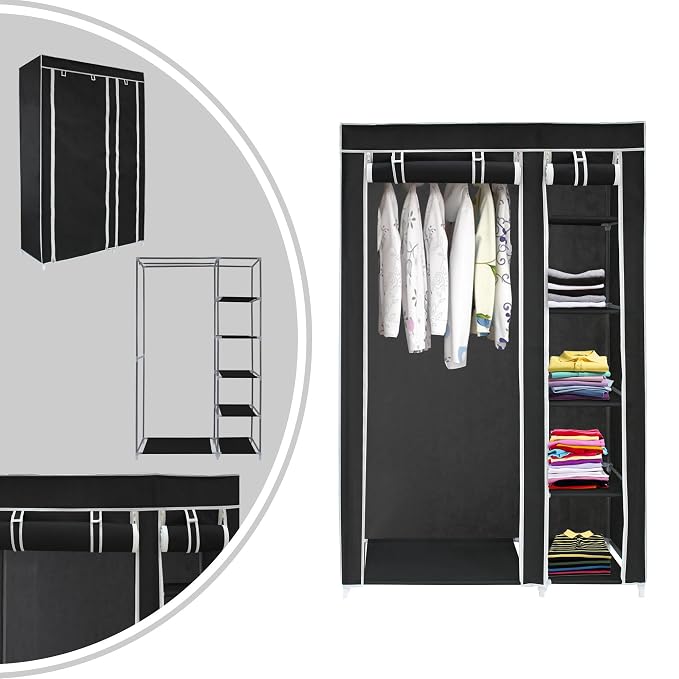 Kleiderschrank Aus Stoff – Faltbar, Mit Kleiderstange, 172x105x43 Cm, Schwarz