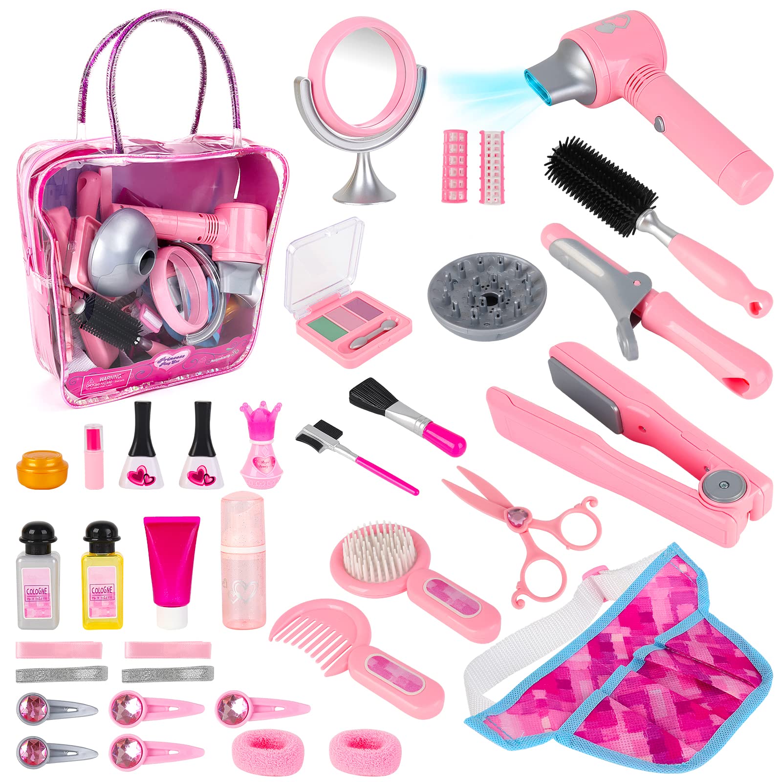 deAO Kids Role Play Hair Salon Kit, Portable Makeup & Hair Styling Pretend Play Set with Carry Case, Cosmetic Case, Curling Iron for Hairdressing & Makeup Practice Gift for Kids 3+