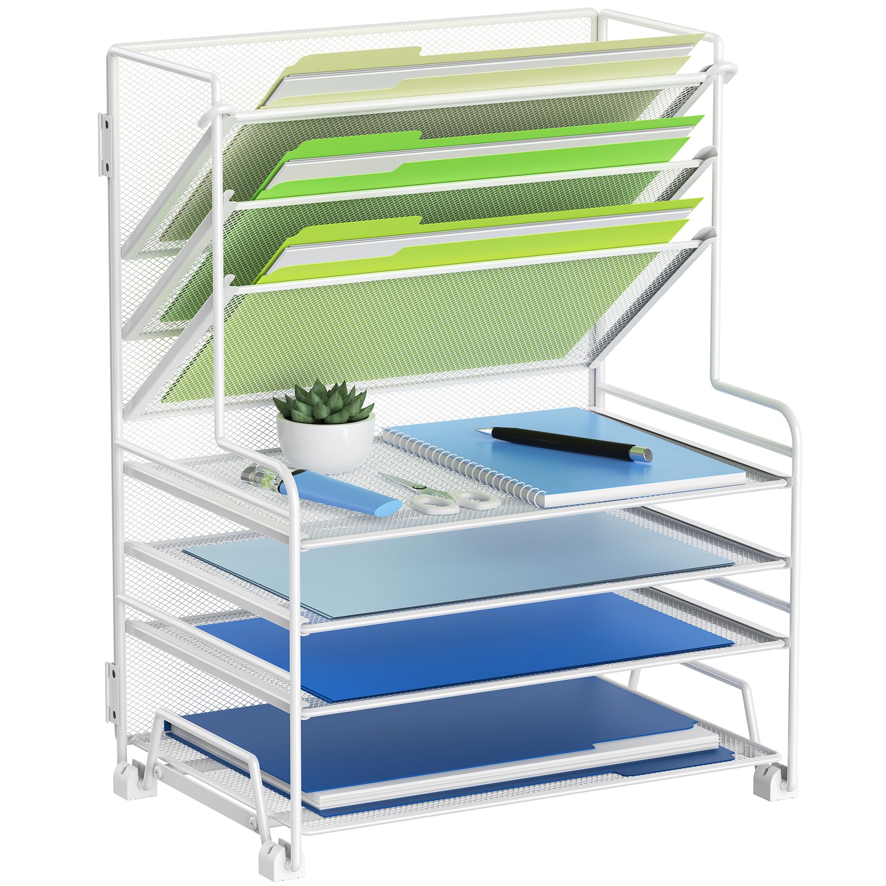Photo 1 of MINDEPOT 4-Tier Paper Organizer + 3-Pocket File Holder + Drawer + Pen Holders, Desktop File Organizers Paper Tray for Office Supplies School Classroom Organization (White, no Drawer & Pen Holder)