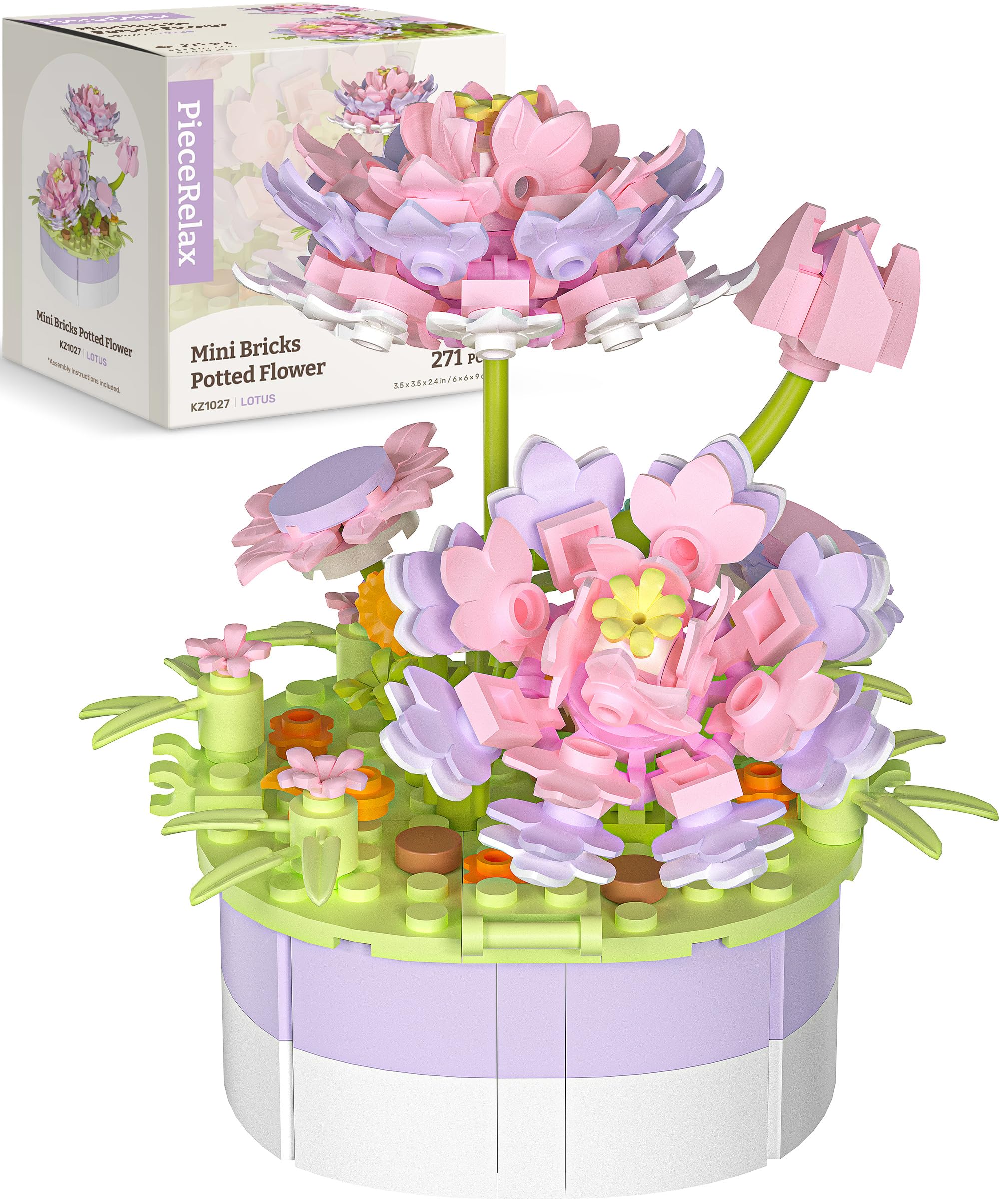PieceRelax Flower Building Decoration Set - Mini Bricks Potted Lotus - Home Accessories Decor & Creative Gift for Mum and Women [KZ1027] — image 1